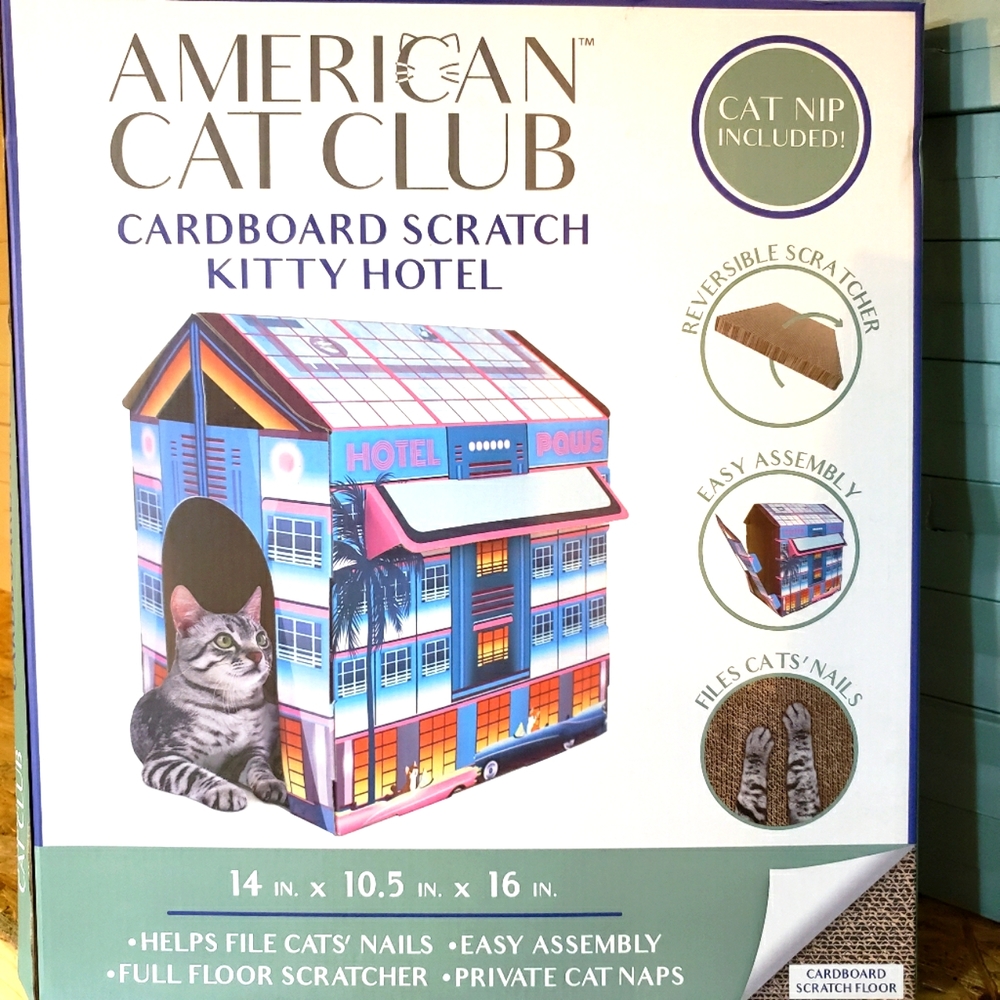 NEW American Cat Club Miami Kitty Hotel Cardboard Cat House & Scratcher w/Catnip